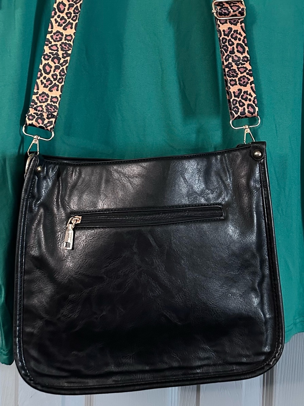 Black Vegan Leather Crossbody with Leopard-Print Strap